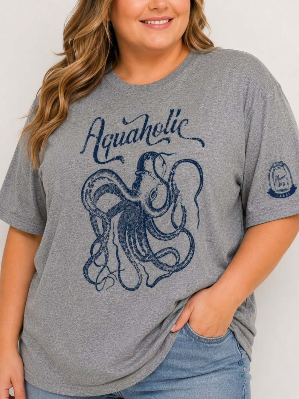Mason Jar Label Aquaholic Octopus Graphic Tee Unisex 2XL Gray Beach Shirt